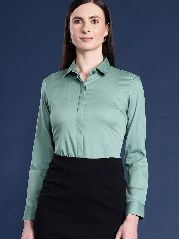 Women Green Solid Self Design, Pure Cotton Stretchable Wrinkle Free Formal Shirt