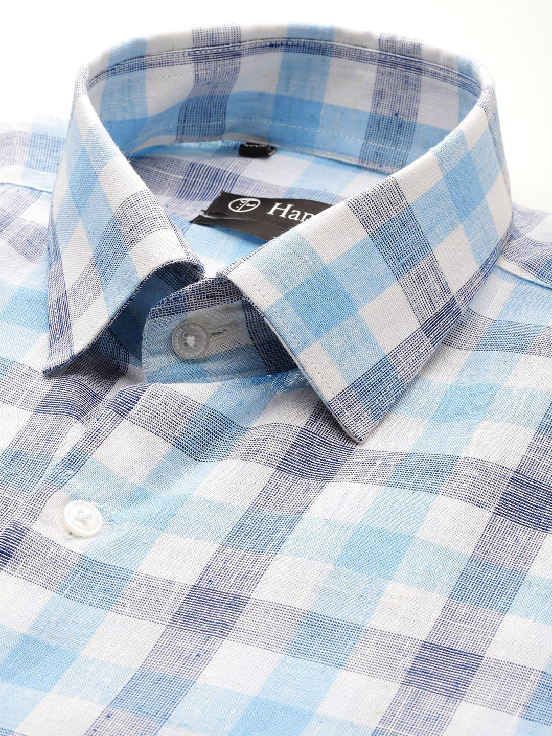 Men White & Blue Checked Pure Linen Cotton Slim Fit Formal Shirt