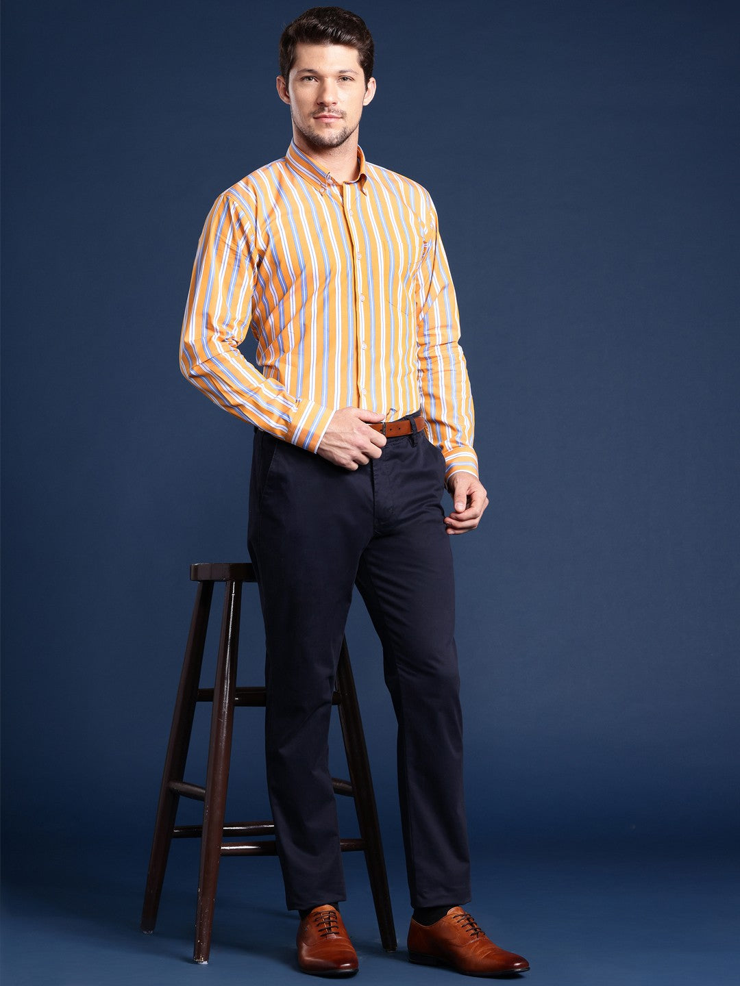 Men Yellow Striped Pure Cotton Slim Fit Formal Shirt