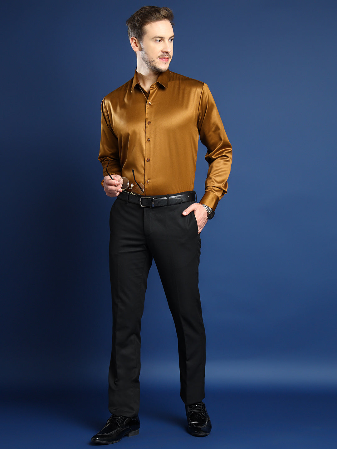 Men Copper Solid Satin Slim Fit Tuxedo Party Shirt