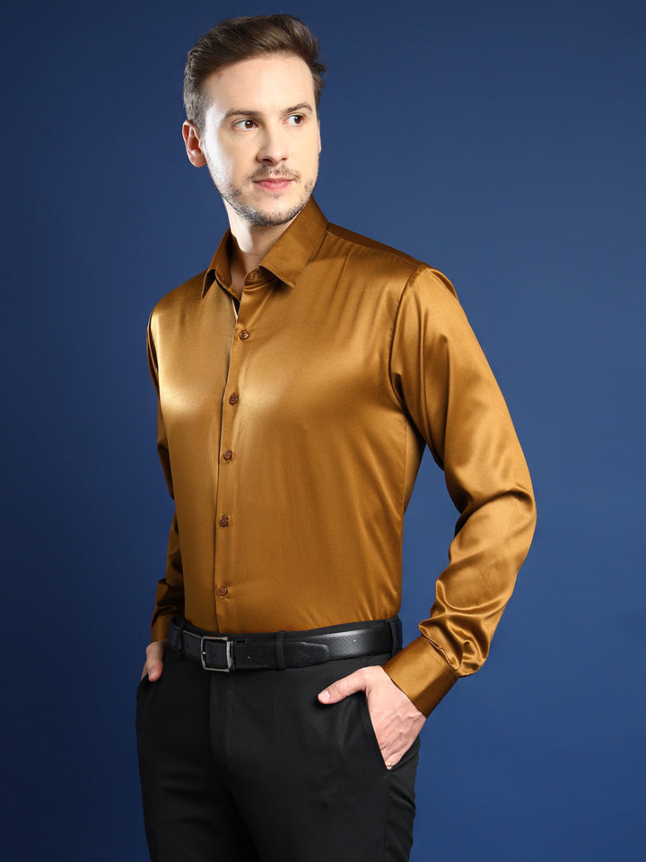 Men Copper Solid Satin Slim Fit Tuxedo Party Shirt