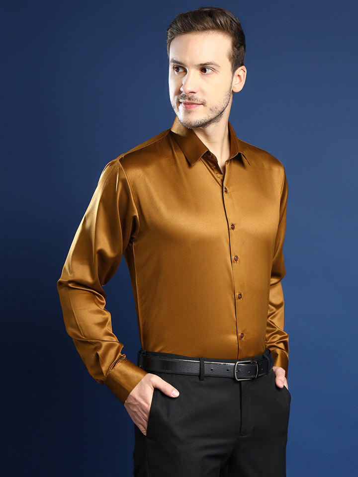 Men Copper Solid Satin Slim Fit Tuxedo Party Shirt