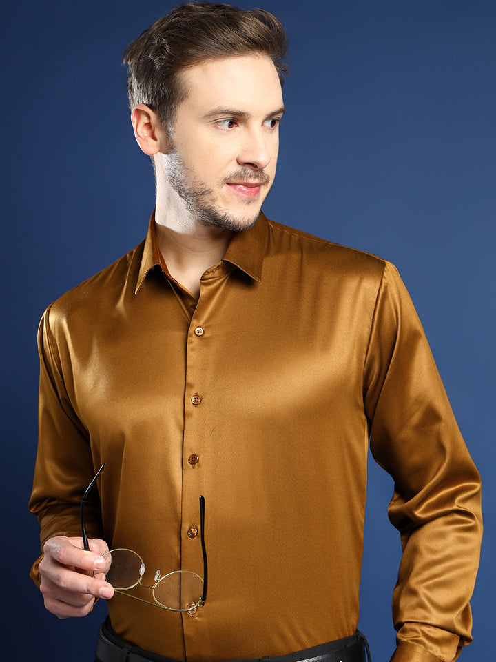 Men Copper Solid Satin Slim Fit Tuxedo Party Shirt