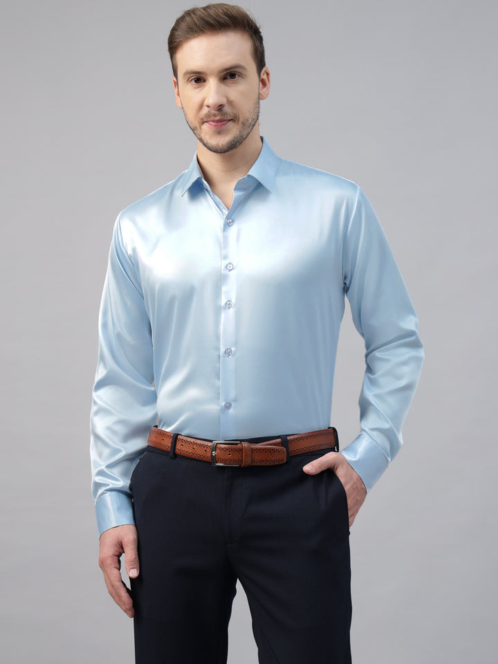 Men Sky Blue Solid Satin Slim Fit Tuxedo Party Shirt