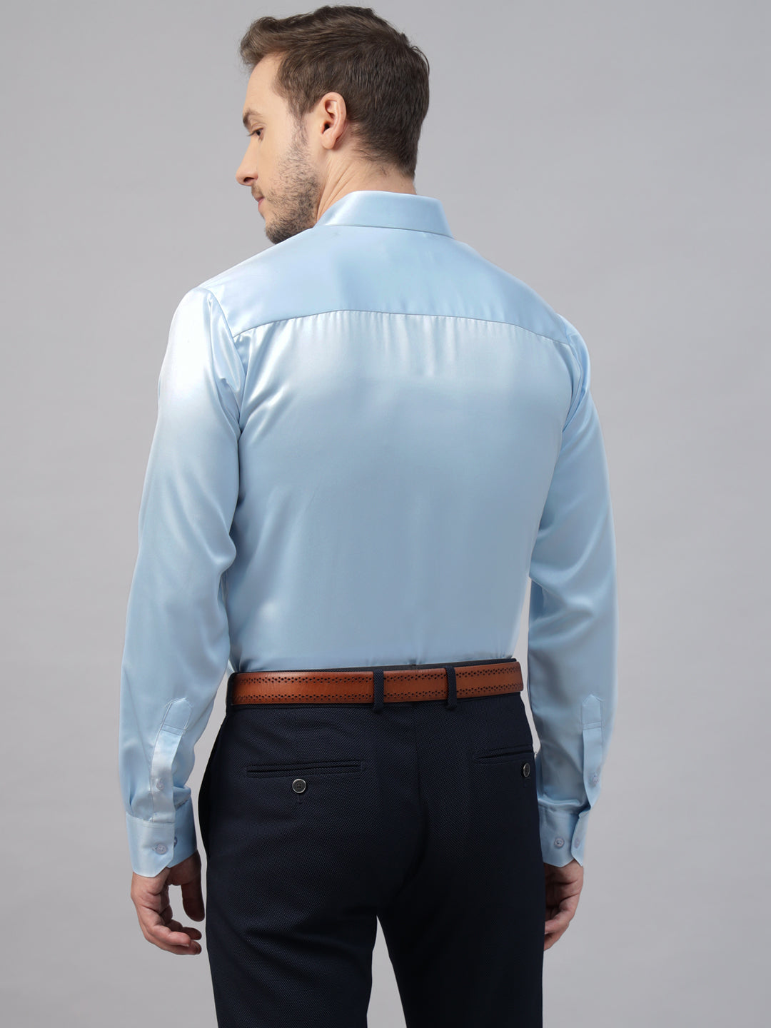 Men Sky Blue Solid Satin Slim Fit Tuxedo Party Shirt