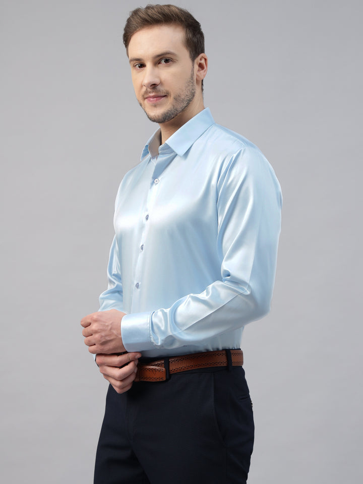 Men Sky Blue Solid Satin Slim Fit Tuxedo Party Shirt