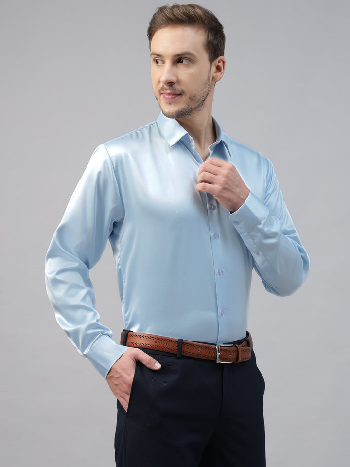 Men Sky Blue Solid Satin Slim Fit Tuxedo Party Shirt