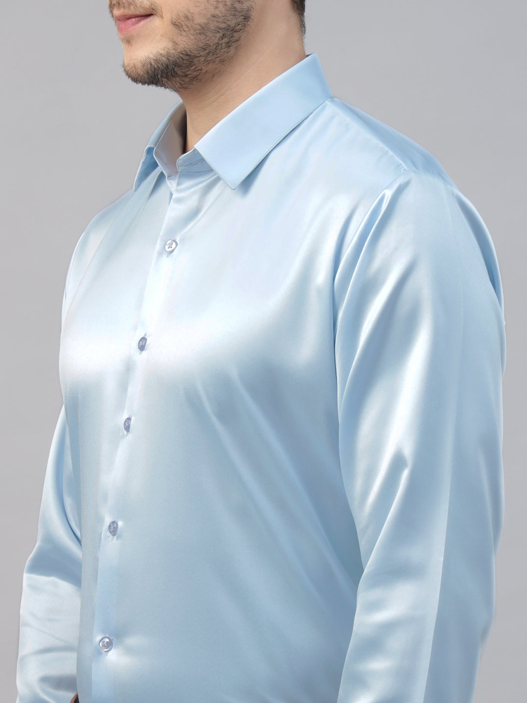 Men Sky Blue Solid Satin Slim Fit Tuxedo Party Shirt