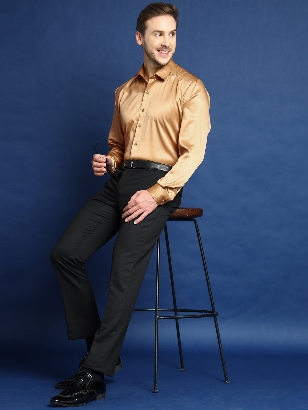 Men Gold Solid Satin Slim Fit Tuxedo Party Shirt