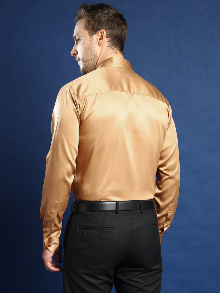 Men Gold Solid Satin Slim Fit Tuxedo Party Shirt