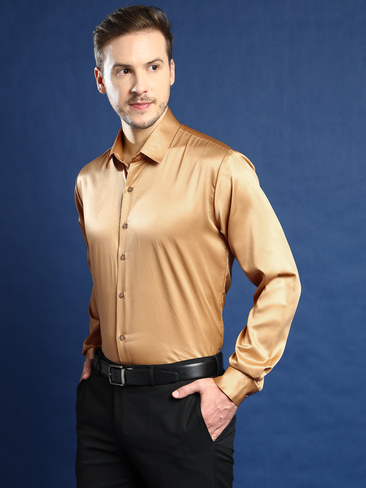 Men Gold Solid Satin Slim Fit Tuxedo Party Shirt