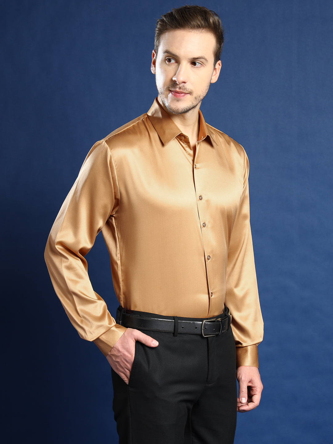 Men Gold Solid Satin Slim Fit Tuxedo Party Shirt