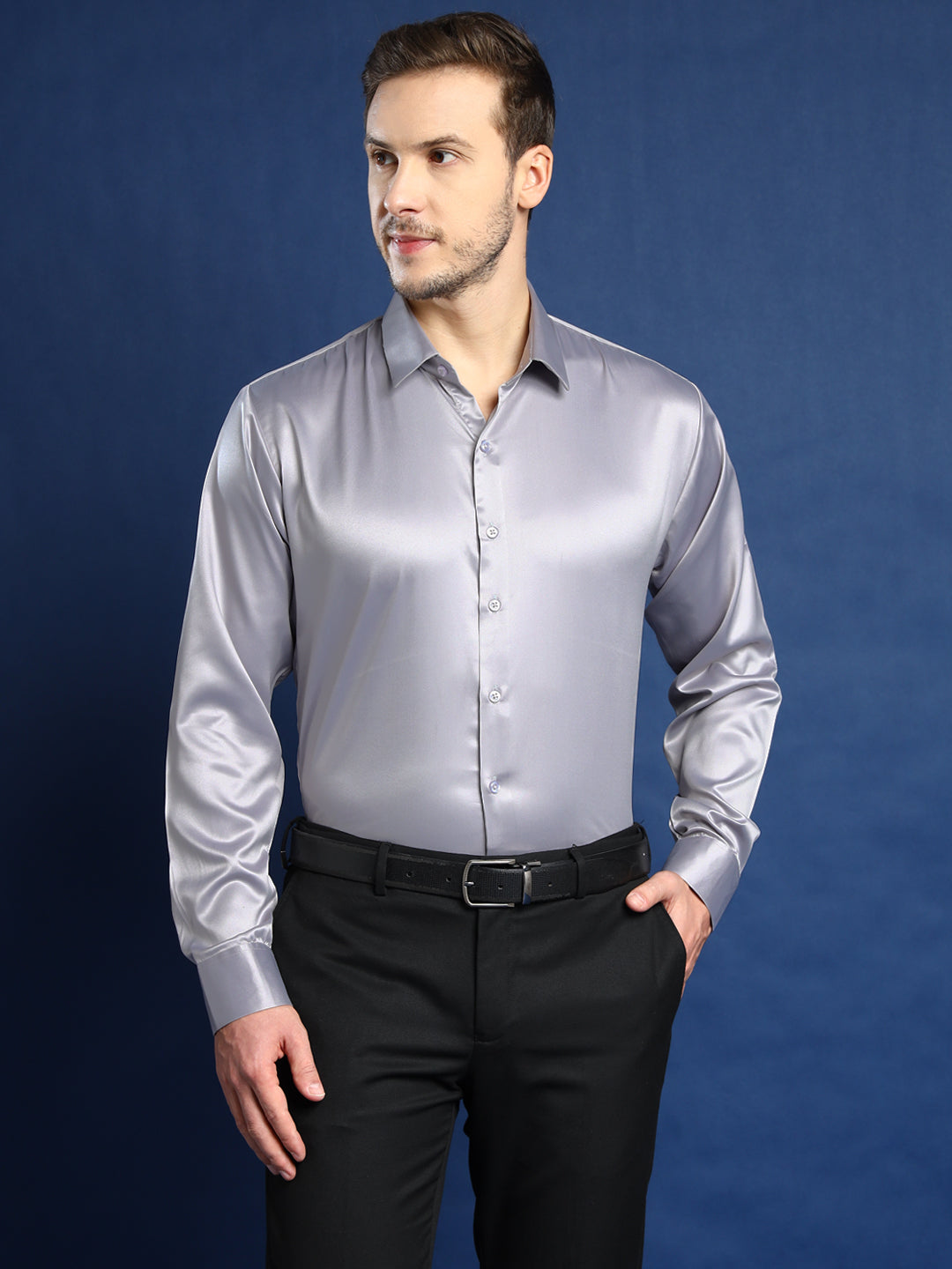 Men Grey Solid Satin Slim Fit Tuxedo Party Shirt