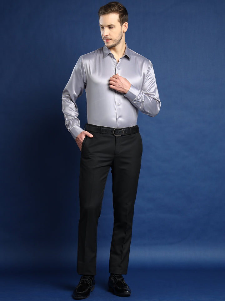 Men Grey Solid Satin Slim Fit Tuxedo Party Shirt