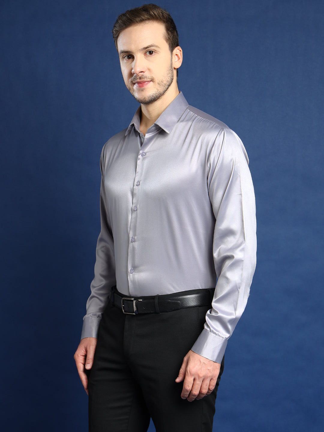 Men Grey Solid Satin Slim Fit Tuxedo Party Shirt