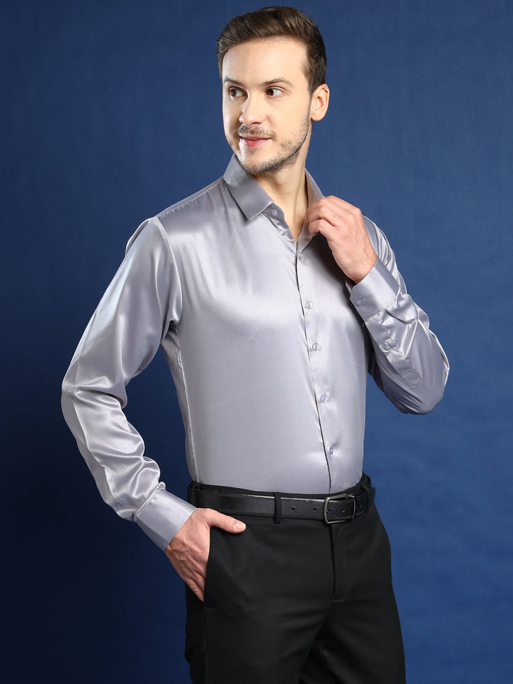 Men Grey Solid Satin Slim Fit Tuxedo Party Shirt