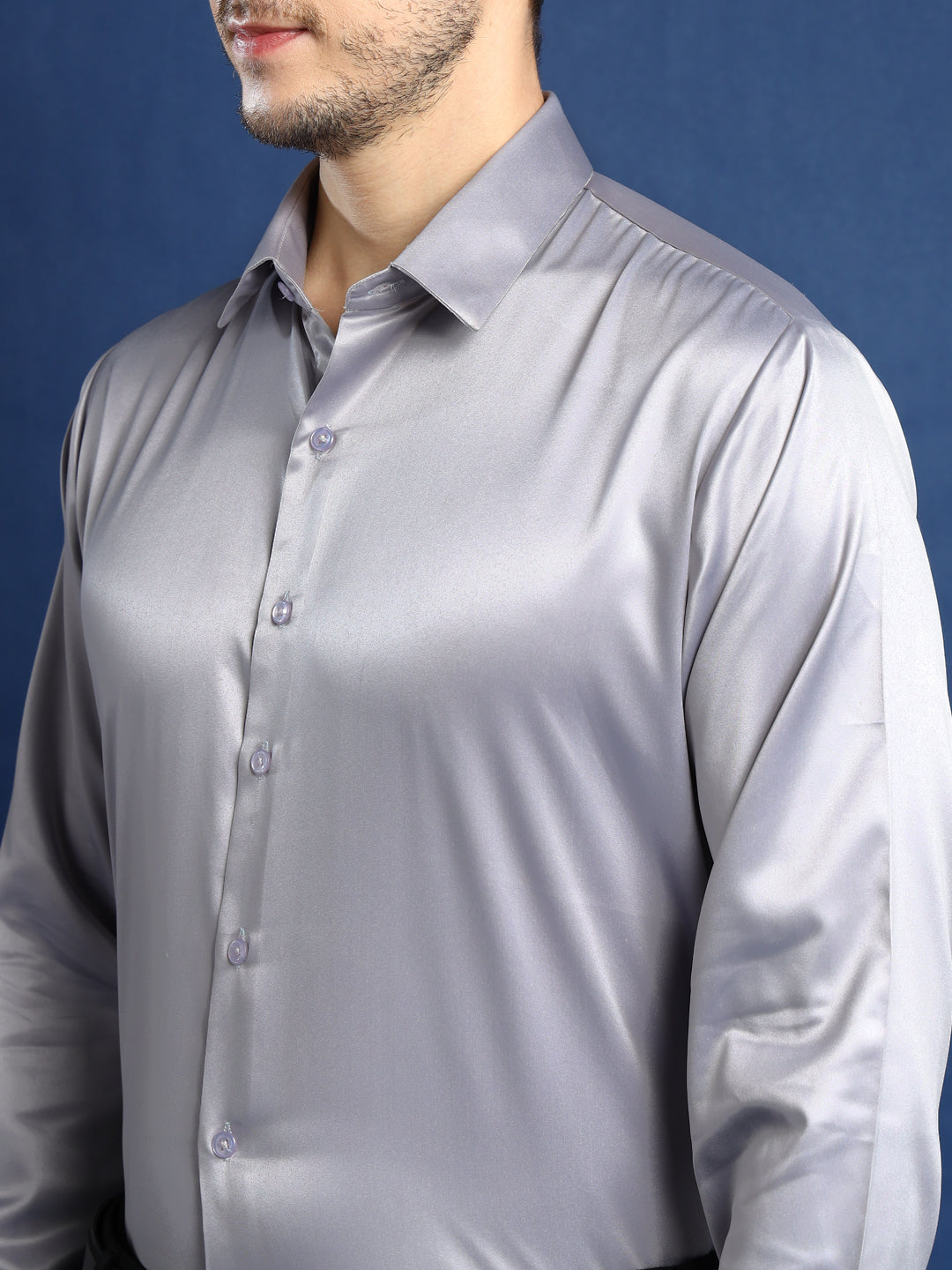 Men Grey Solid Satin Slim Fit Tuxedo Party Shirt