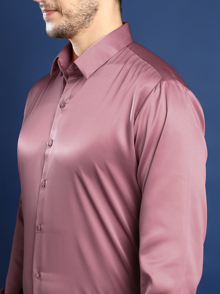 Men Punch Pink Solid Satin Slim Fit Tuxedo Party Shirt