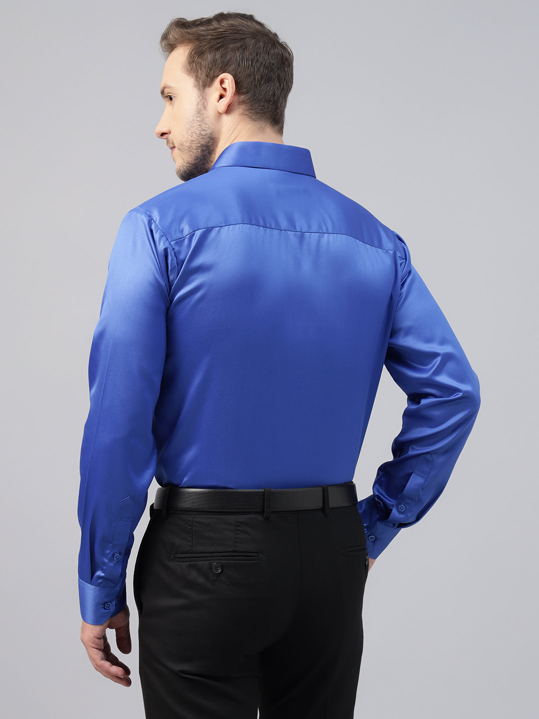 Men Royal Blue Solid Satin Slim Fit Tuxedo Party Shirt