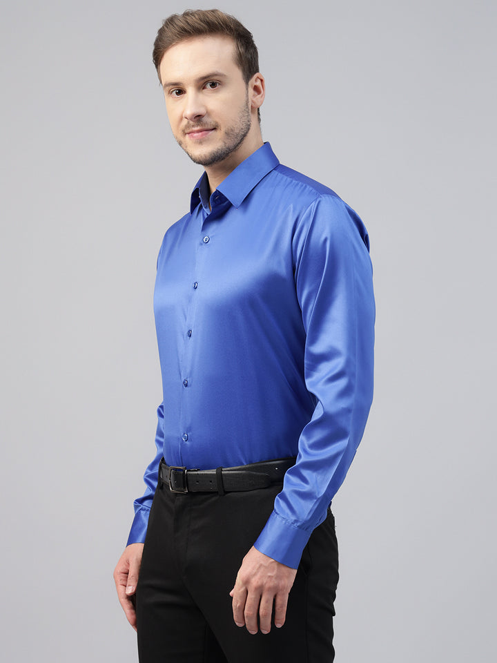 Men Royal Blue Solid Satin Slim Fit Tuxedo Party Shirt