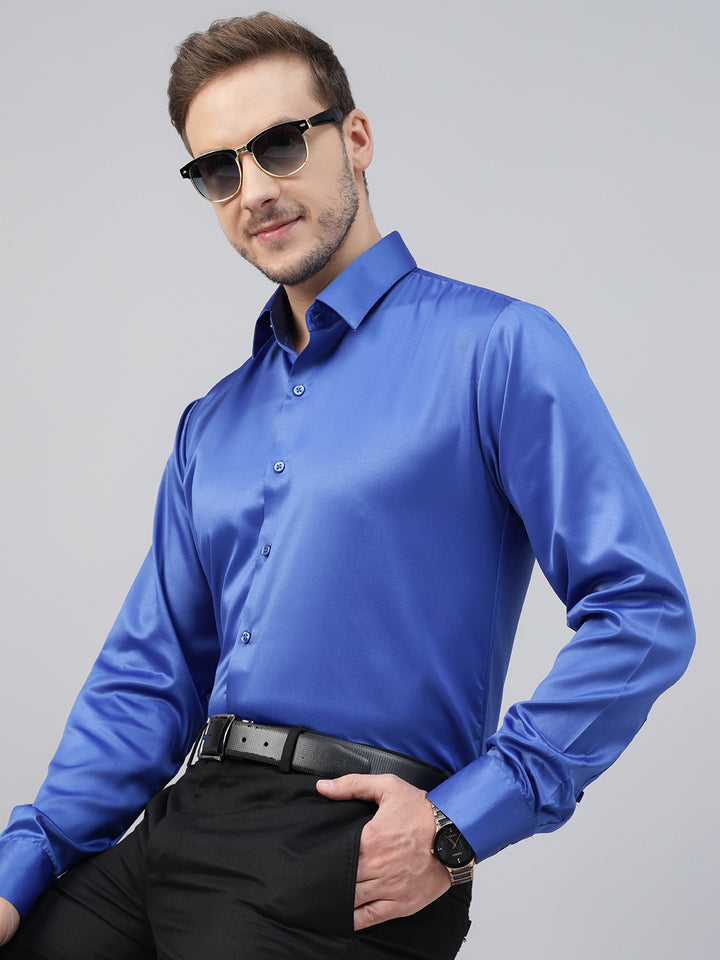 Men Royal Blue Solid Satin Slim Fit Tuxedo Party Shirt