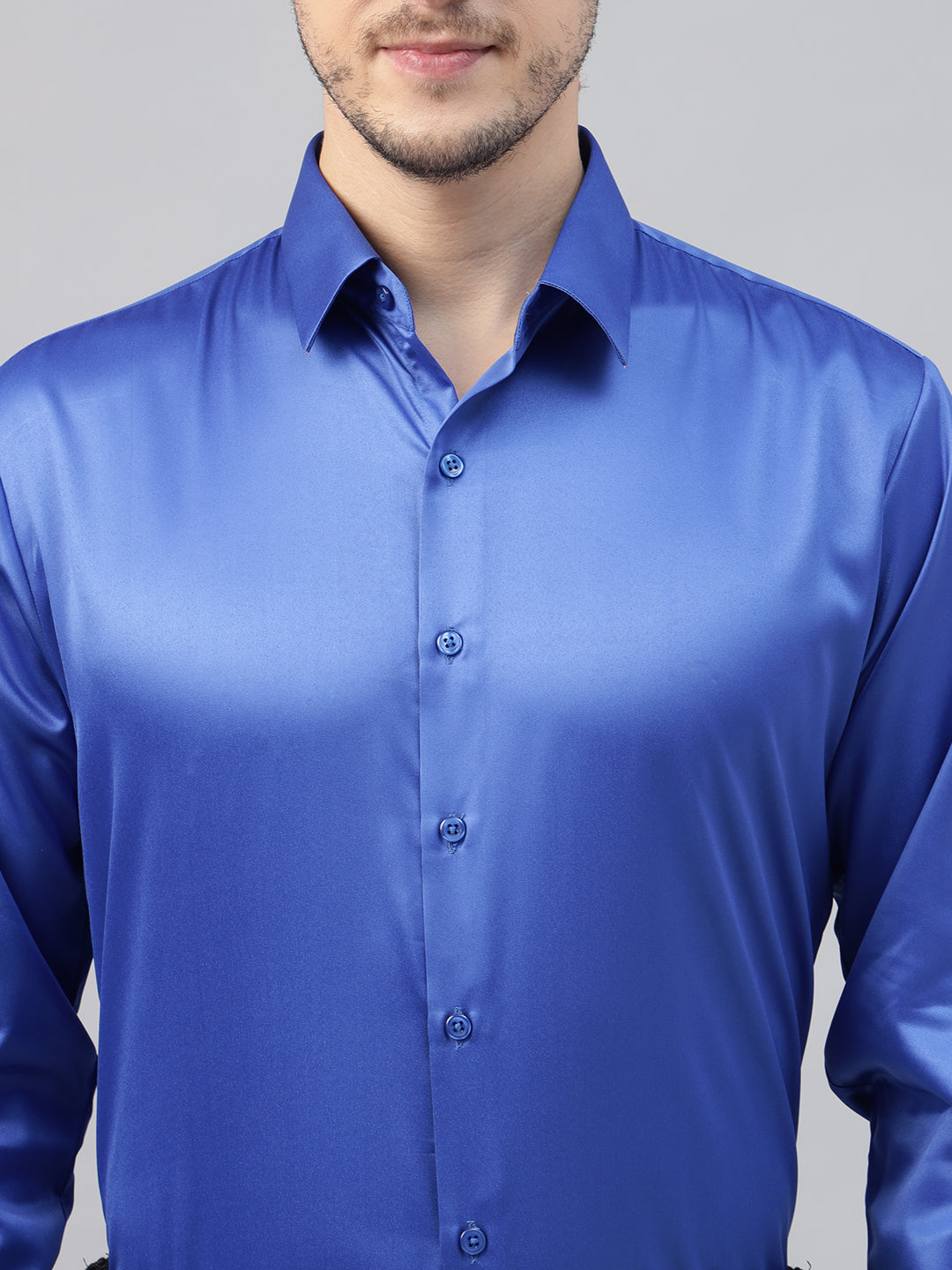 Men Royal Blue Solid Satin Slim Fit Tuxedo Party Shirt