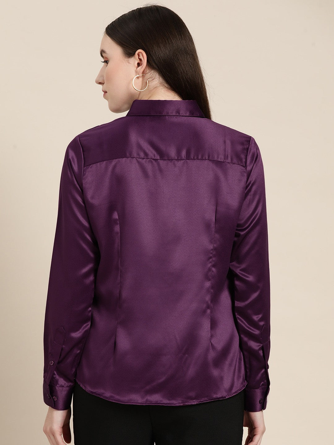 Women Burgundy Solid Satin Formal Shirt