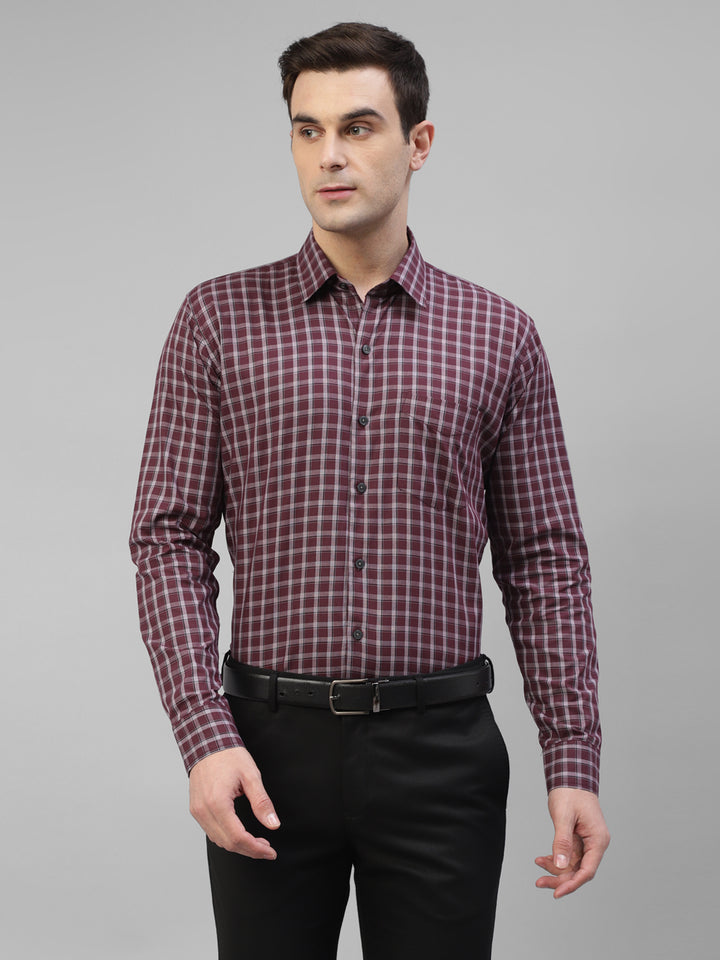 Men Maroon & Grey Pure Cotton Windowpane Checked Slim Fit Formal Shirt