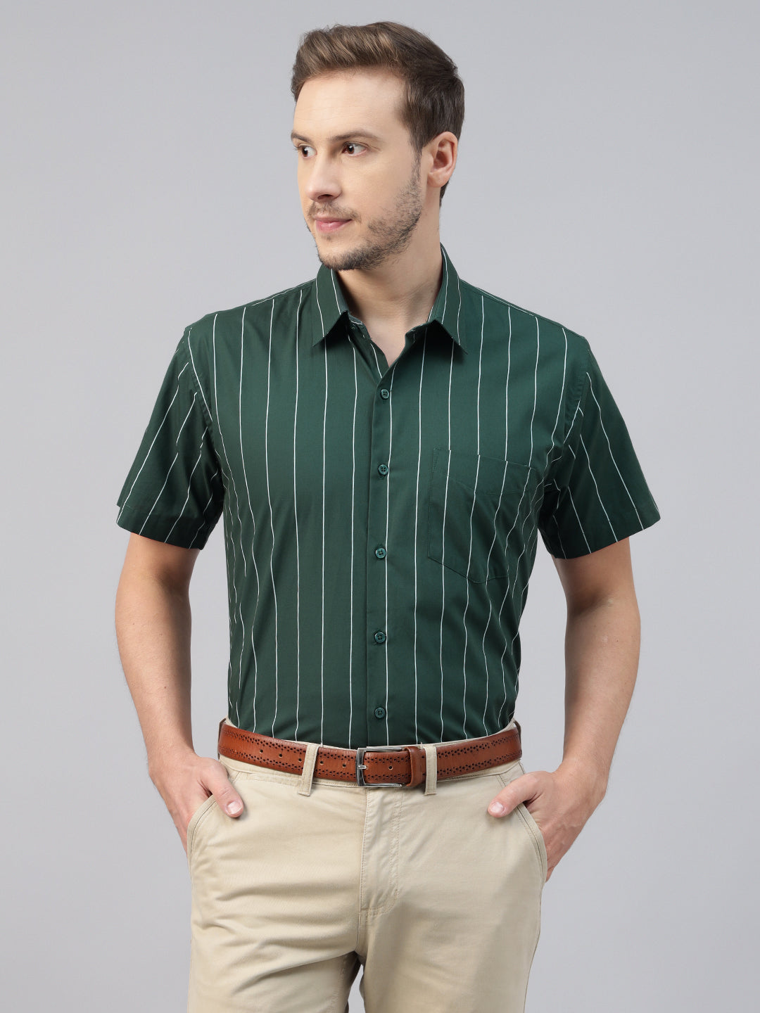 Men Green Striped Pure Cotton Slim Fit Short Sleeve Formal Shirt