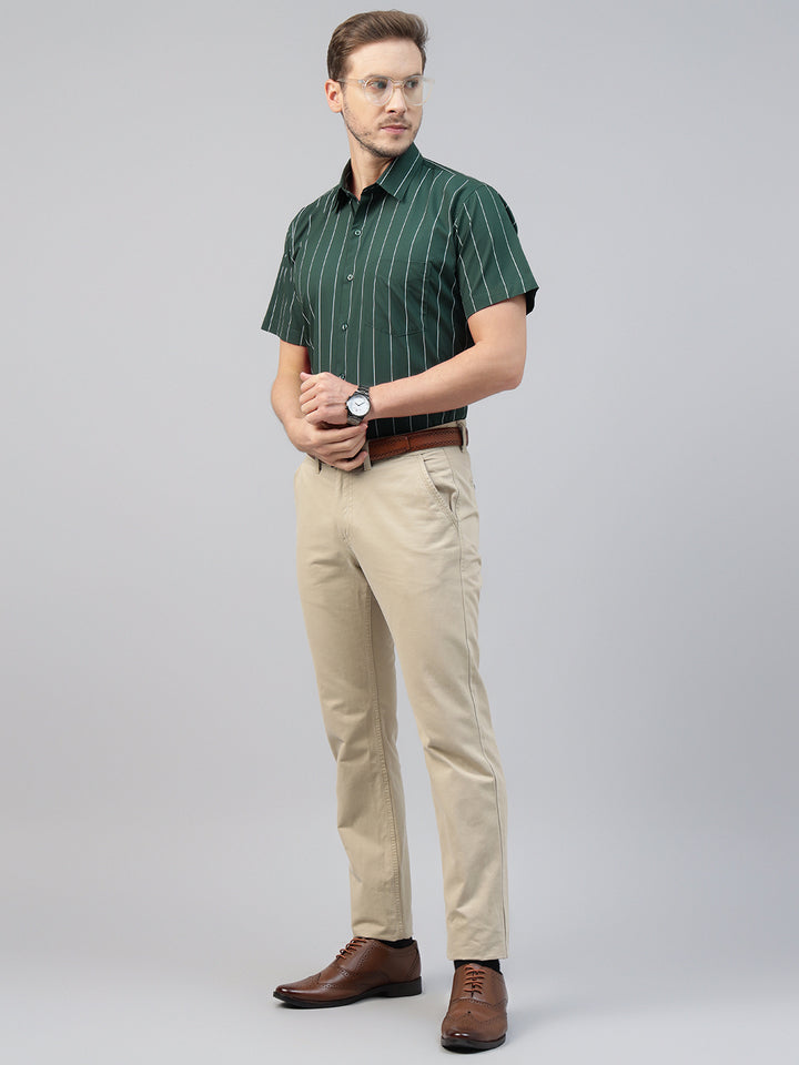 Men Green Striped Pure Cotton Slim Fit Short Sleeve Formal Shirt