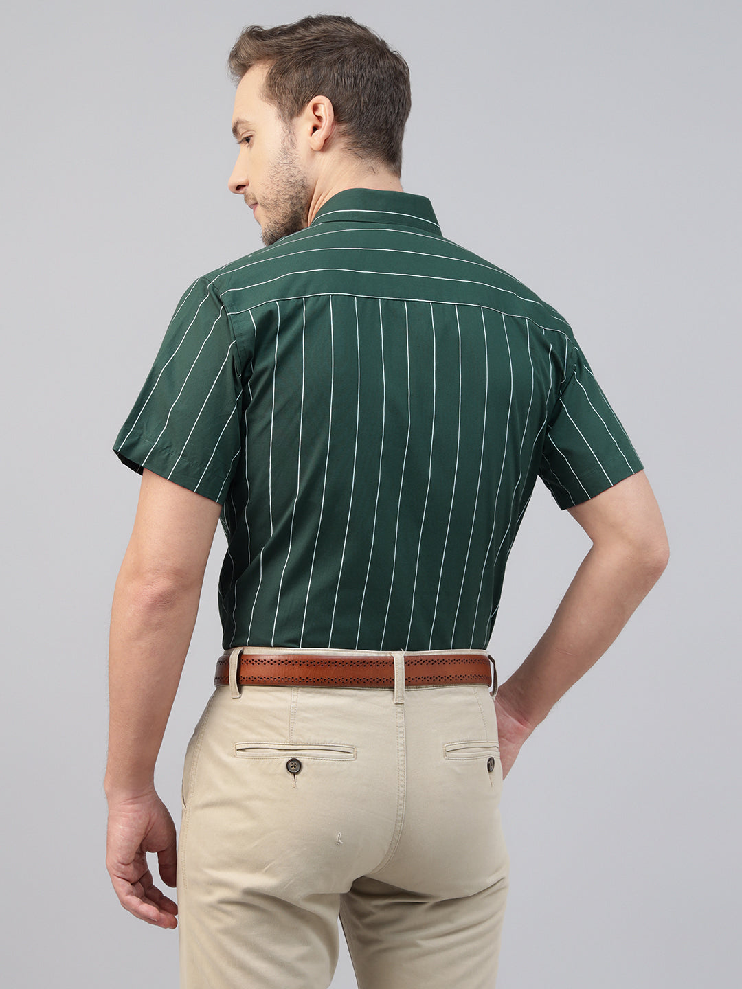 Men Green Striped Pure Cotton Slim Fit Short Sleeve Formal Shirt