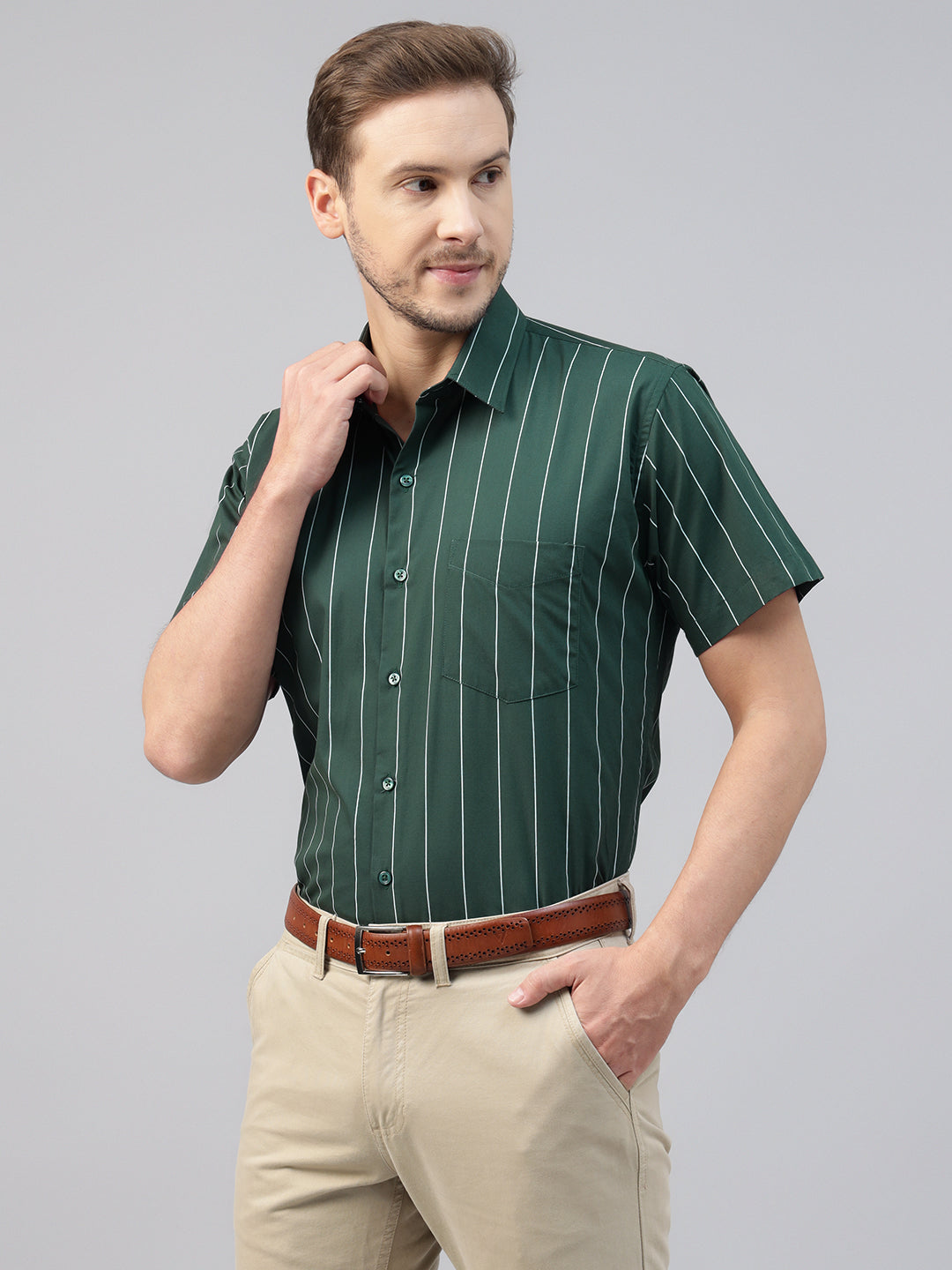 Men Green Striped Pure Cotton Slim Fit Short Sleeve Formal Shirt