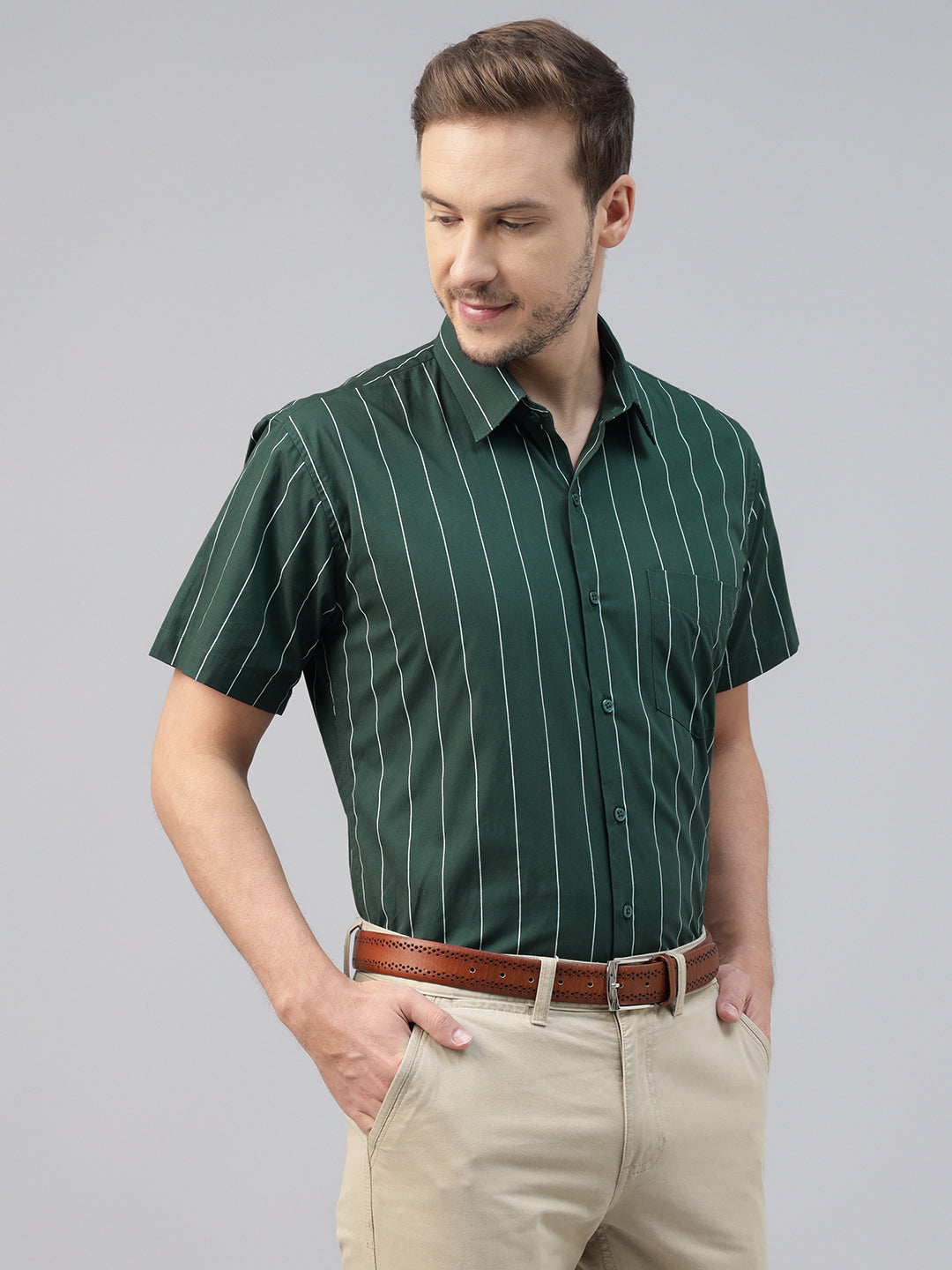 Men Green Striped Pure Cotton Slim Fit Short Sleeve Formal Shirt