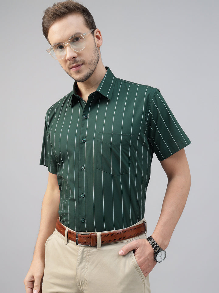 Men Green Striped Pure Cotton Slim Fit Short Sleeve Formal Shirt