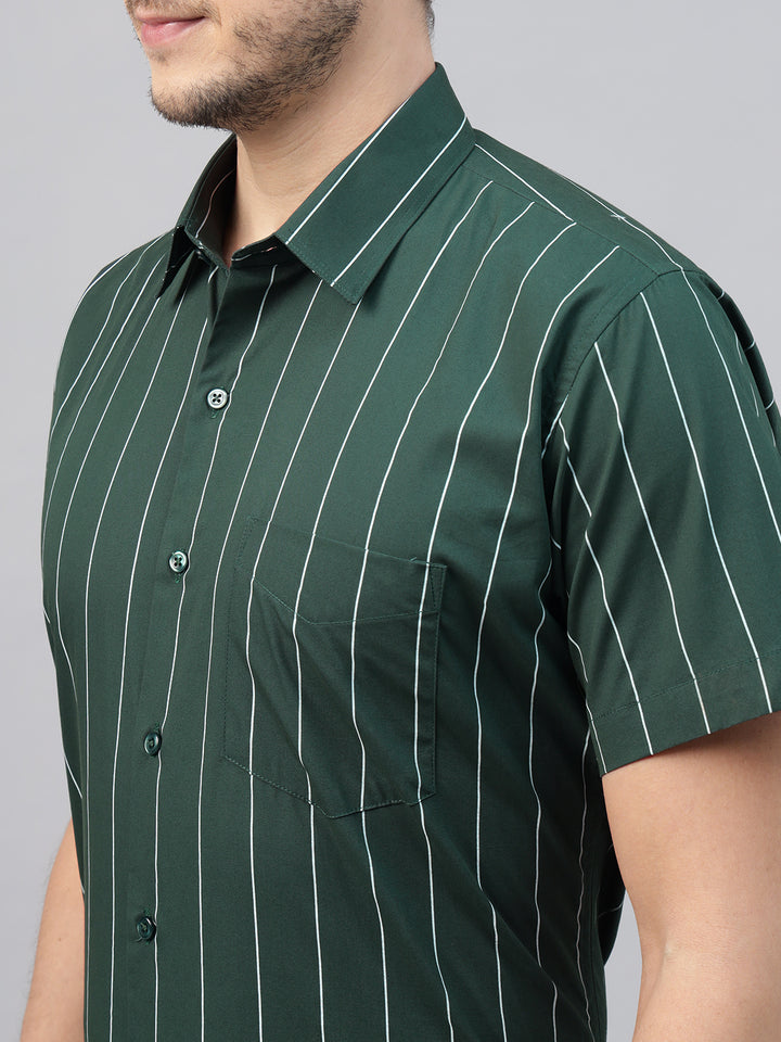 Men Green Striped Pure Cotton Slim Fit Short Sleeve Formal Shirt