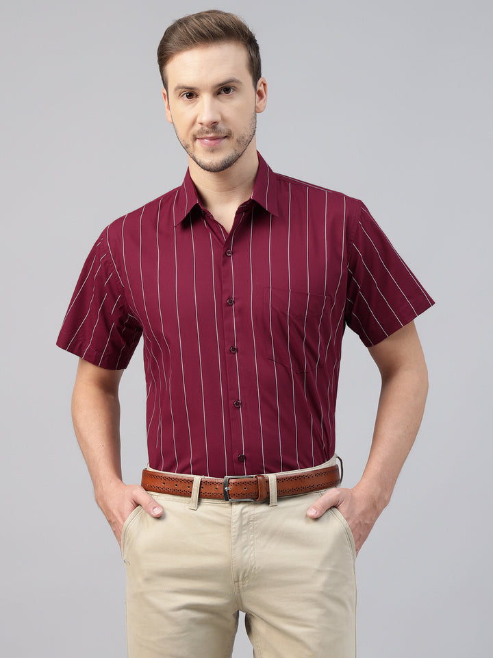 Men Maroon Striped Pure Cotton Slim Fit Short Sleeve Formal Shirt