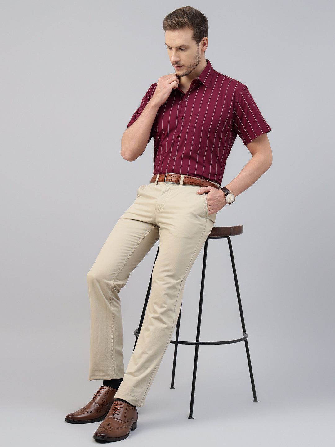 Men Maroon Striped Pure Cotton Slim Fit Short Sleeve Formal Shirt