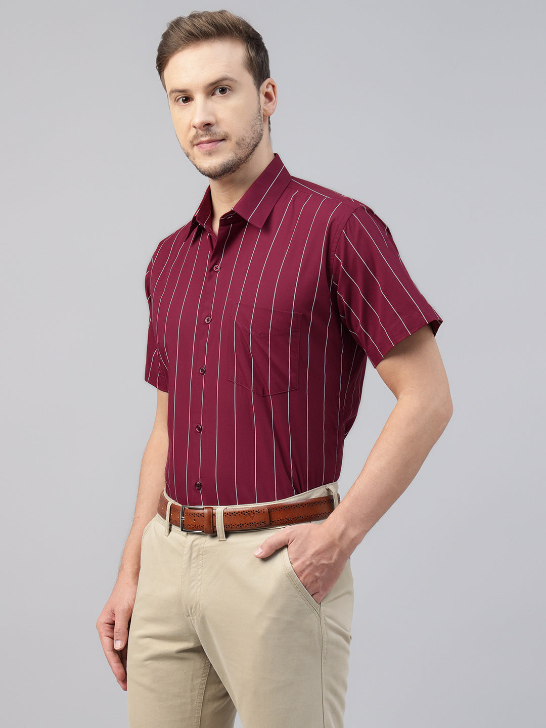 Men Maroon Striped Pure Cotton Slim Fit Short Sleeve Formal Shirt