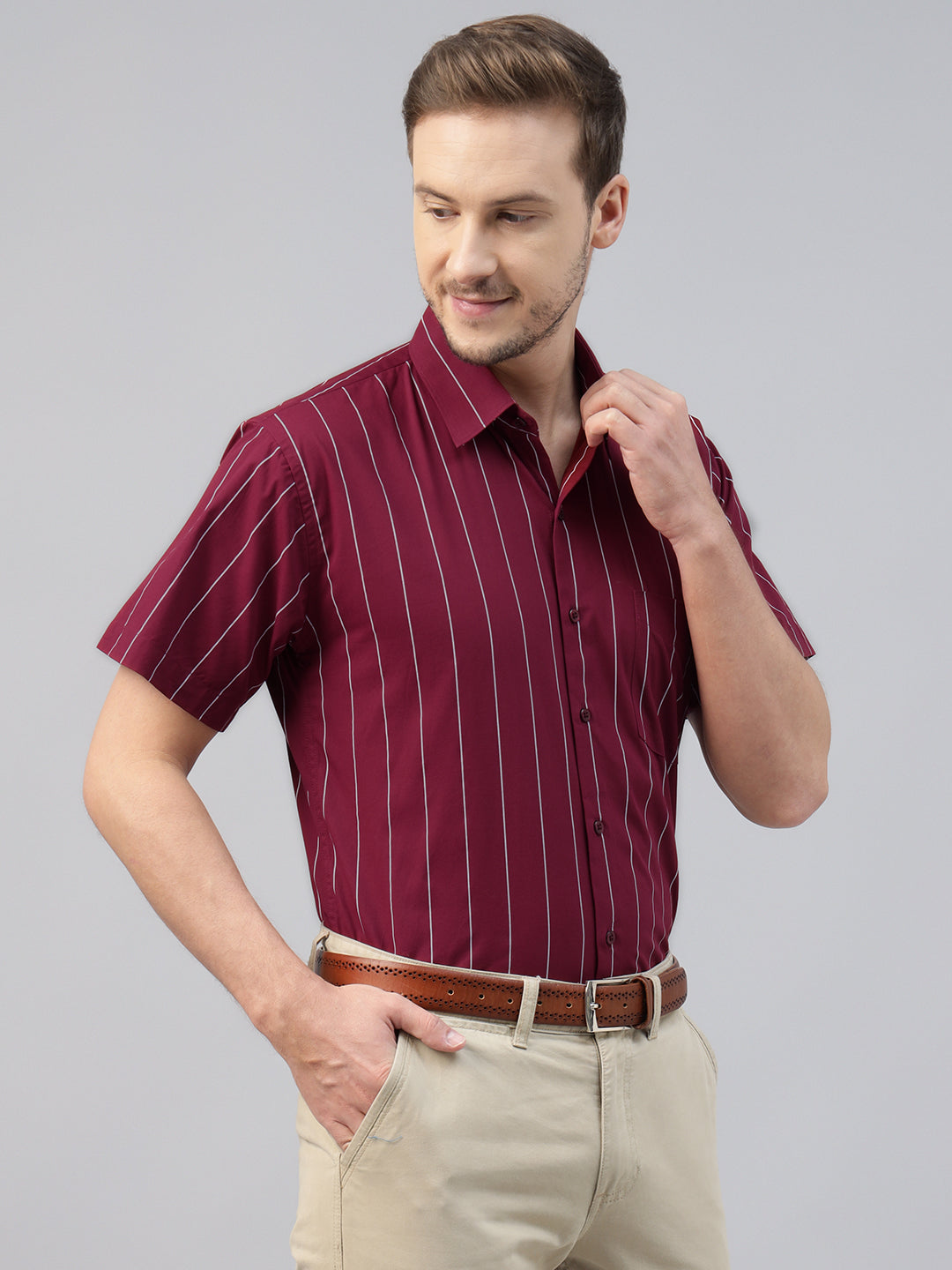 Men Maroon Striped Pure Cotton Slim Fit Short Sleeve Formal Shirt