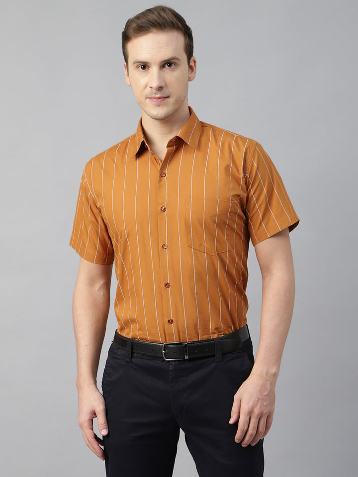 Men Mustard Striped Cotton Slim Fit Short Sleeve Formal Shirt