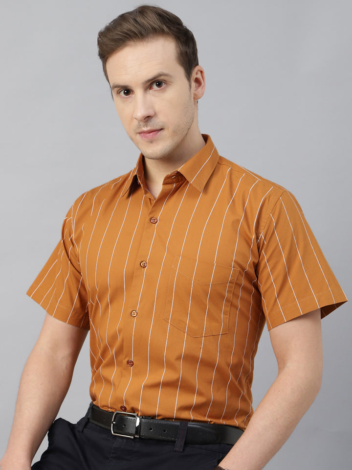 Men Mustard Striped Cotton Slim Fit Short Sleeve Formal Shirt