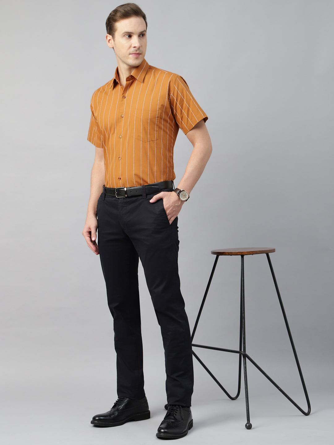 Men Mustard Striped Cotton Slim Fit Short Sleeve Formal Shirt