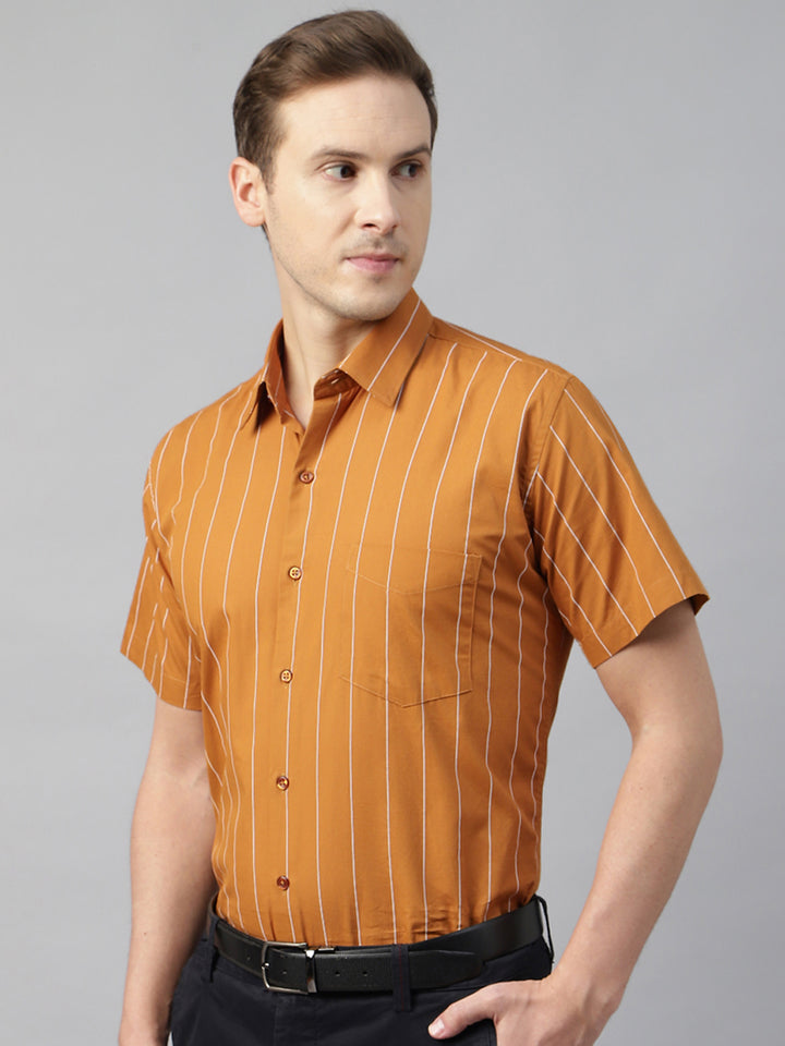 Men Mustard Striped Cotton Slim Fit Short Sleeve Formal Shirt