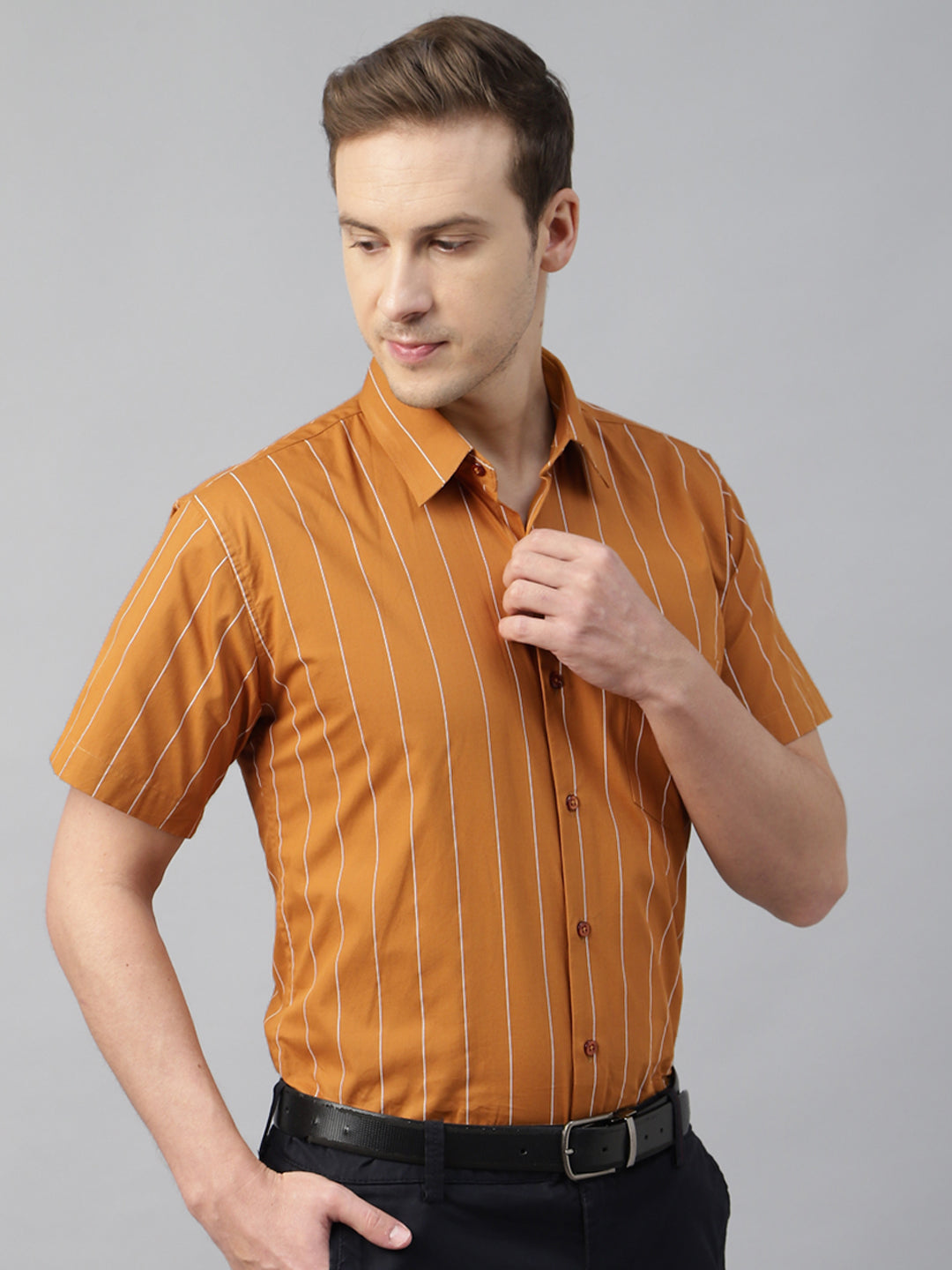 Men Mustard Striped Cotton Slim Fit Short Sleeve Formal Shirt