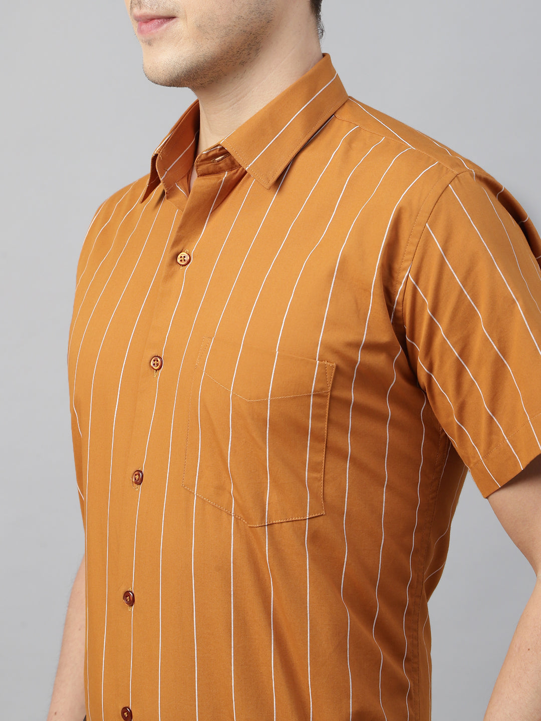 Men Mustard Striped Cotton Slim Fit Short Sleeve Formal Shirt