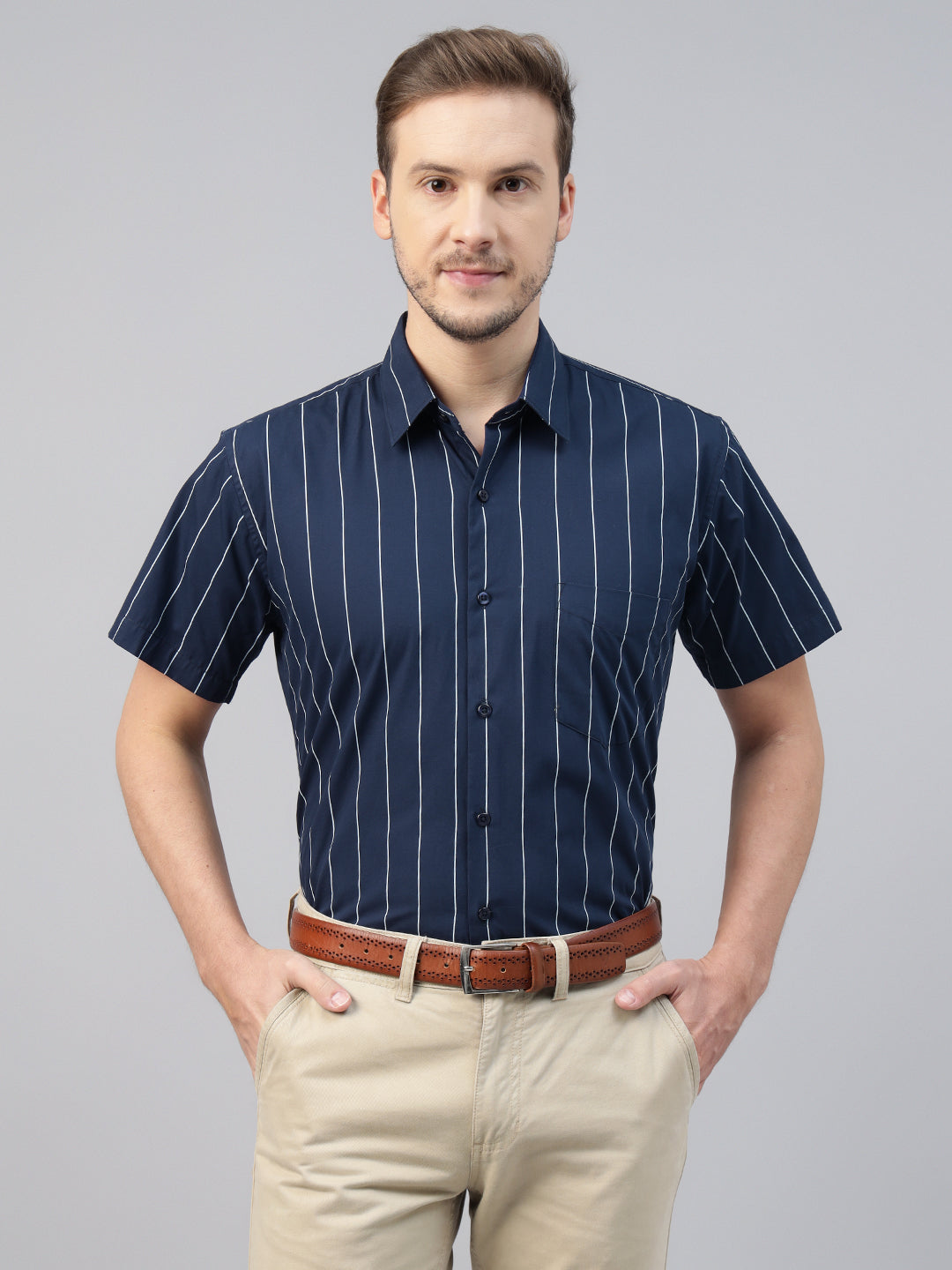 Men Navy Blue Striped Pure Cotton Slim Fit Short Sleeve Formal Shirt