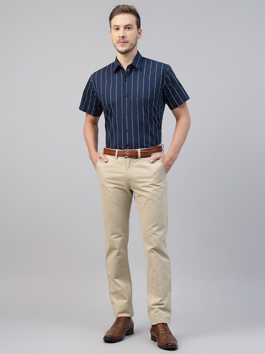 Men Navy Blue Striped Pure Cotton Slim Fit Short Sleeve Formal Shirt