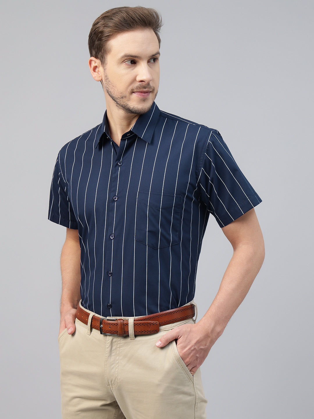 Men Navy Blue Striped Pure Cotton Slim Fit Short Sleeve Formal Shirt