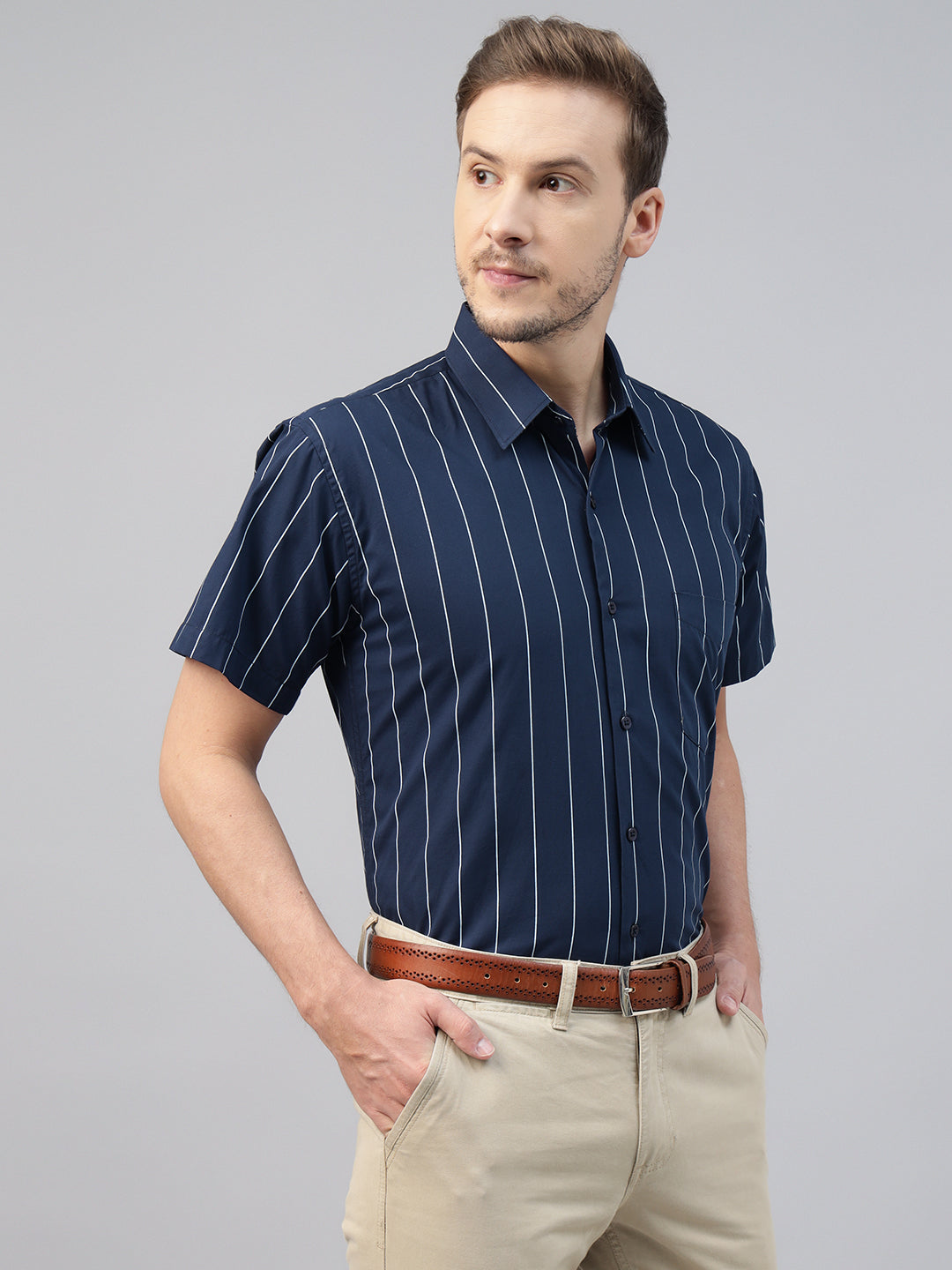 Men Navy Blue Striped Pure Cotton Slim Fit Short Sleeve Formal Shirt