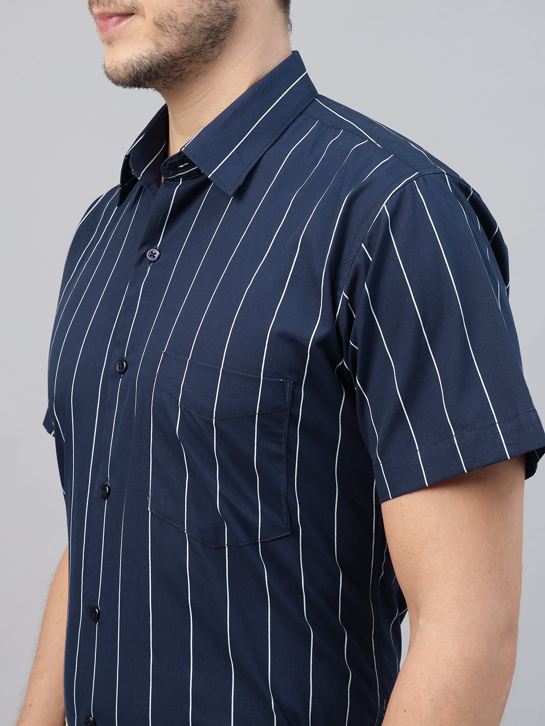 Men Navy Blue Striped Pure Cotton Slim Fit Short Sleeve Formal Shirt